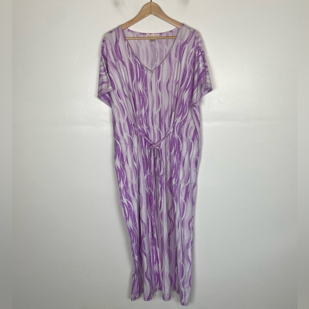 Stan Herman Soft Knit Kaftan‎ Size L Color Purple & White Belted Side Pockets